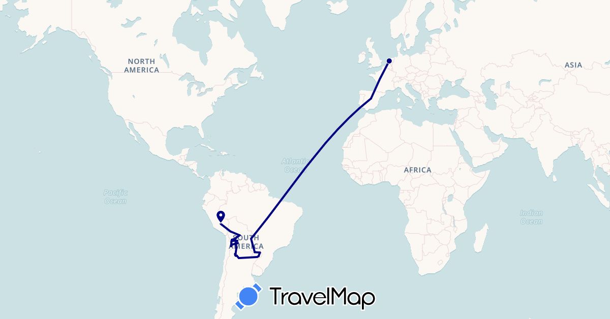 TravelMap itinerary: driving in Argentina, Bolivia, Brazil, Spain, Netherlands, Peru, Paraguay (Europe, South America)
