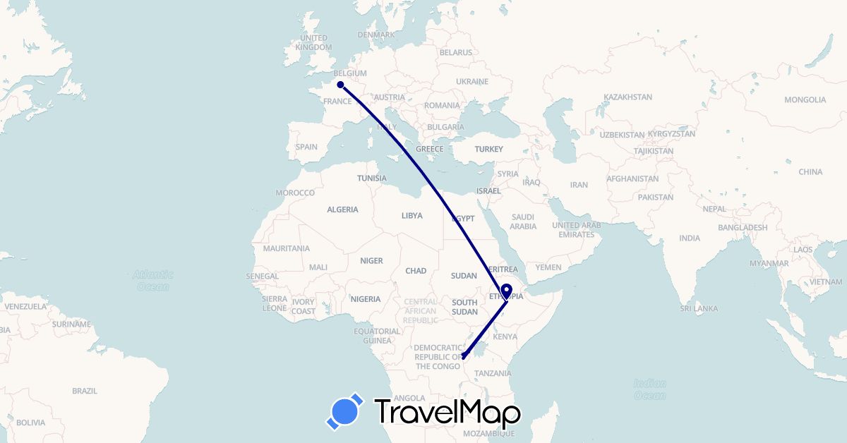 TravelMap itinerary: driving in Burundi, Ethiopia, France, Rwanda (Africa, Europe)