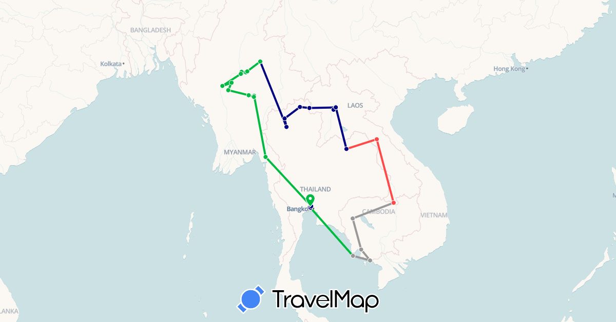 TravelMap itinerary: driving, bus, plane, hiking in Cambodia, Laos, Myanmar (Burma), Thailand (Asia)
